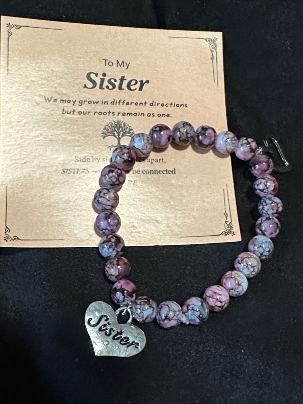 Sister Heart Charm purple multi tone Beaded stretch Bracelet